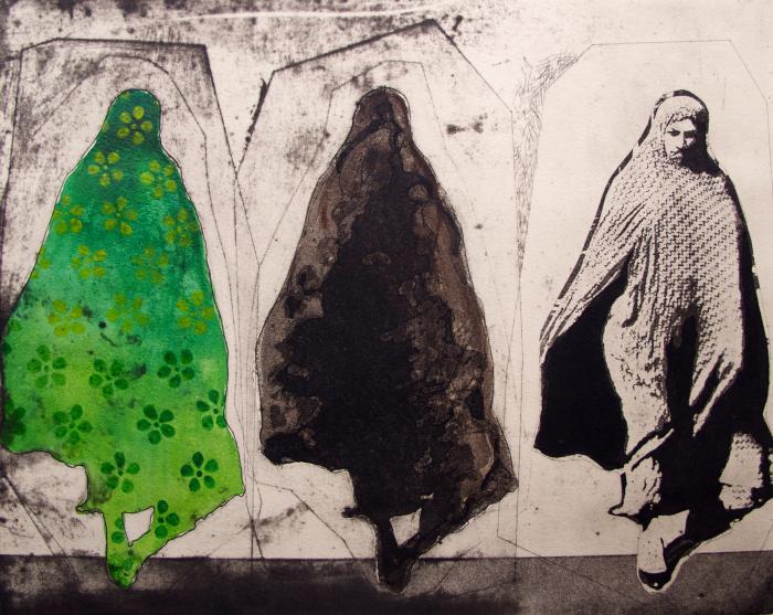 Three Women in Green Pattern by Nahid Hagigat